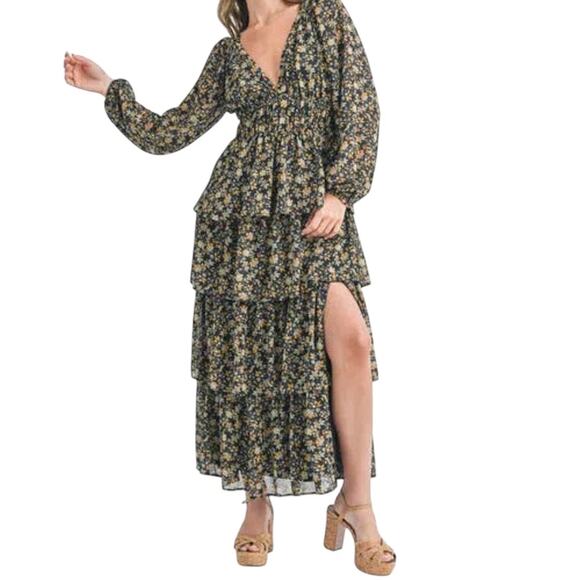 Lush Ruffle Tiered Long Sleeve Maxi Dress Womens S Indigo Floral Cottagecore NEW - Picture 1 of 7